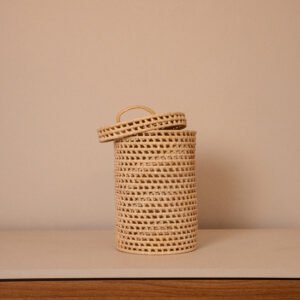 Lixeira Em Palha Natural Com Tampa Rústica Cesto De Banheiro