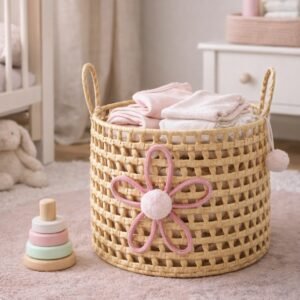 Cesto Organizador com Alças Infantil em Palha Natural Flor 35x25