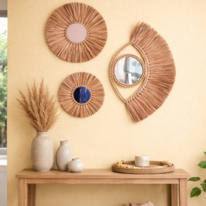 Decoração Boho Chic Praia 3 Espelhos Redondos Palha Natural Composição de parede