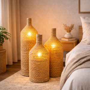 Trio de Luminárias de Chão em Palha Natural Alika 