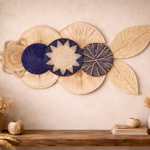 Composição Painel de Parede Boho em Palha natural Azul